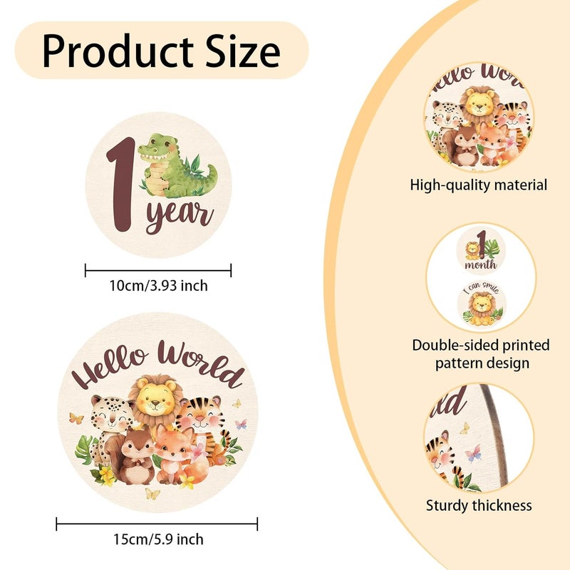 MCIAONE Baby Monthly Milestone Cards Sign - 13 Double Sided Little Animals Milestone Cards, Fox Pattern Wooden Circles Discs for Photo Props Cat Newborn Announcement Marker, Baby Shower Newborn Sign Gift Set - Image 3